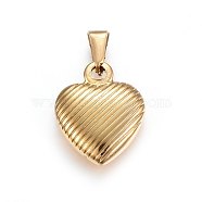 304 Stainless Steel Pendants, Puffed Heart with Stripe Pattern, Golden, 21.5x18x6mm, Hole: 7x3mm(STAS-P209-46G)