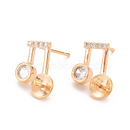 Brass Micro Pave Clear Cubic Zirconia Earring Findings, for Half Drilled Beads, Nickel Free, Musical Note, Real 18K Gold Plated, 13.5x11mm, Pin: 0.8mm, Pin: 0.8mm(for Half Drilled Beads)(KK-T062-230G-NF)