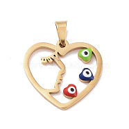 Vacuum Plating 304 Stainless Steel Enamel Pendants, Golden, Hollow, Heart with Evil Eye, Colorful, 19x20x2mm, Hole: 5x3mm(STAS-D186-03G)