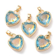 K9 Glass Pendants, with Golden Tone Brass Findings, Faceted, Heart Charms, Aquamarine, 18x15x7.7mm, Hole: 5x3mm(FIND-C036-01G-02)