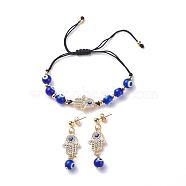 Lampwork Evil Eye Braided Bead Bracelet and Dangle Stud Earrings, Rhinestone Hamsa Hand Jewelry for Women, Blue, 43mm, Inner Diameter: 28~83mm(SJEW-JS01258)