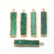 Natural Druzy Agate Pendants, with Brass Findings, Dyed, Rectangle, Golden, Sea Green, 39~44x9~12x8~15mm, Hole: 1.8mm(G-Q499-03)