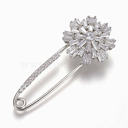 Brass Micro Pave Cubic Zirconia Safety Brooch, Flower, Clear, Platinum, 58x24mm, Pin: 1.5mm(X-JEWB-I010-08P)