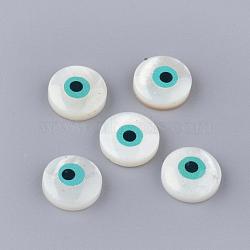 Freshwater Shell Cabochons, Flat Round with Evil Eye, Creamy White, 10x3mm(SHEL-Q008-20)
