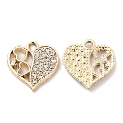 UV Plating Alloy Pendants, with Crystal Rhinestone, Heart Charms, Golden, 18.5x18x2.5mm, Hole: 2mm(ALRI-M020-27G)