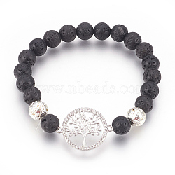 Stretch Bracelets, with Long-Lasting Plated Electroplated Natural Lava Rock, Natural Lava Rock and Brass Cubic Zirconia Beads, Flat Round with Tree, Platinum & Silver, 2-1/4 inch(5.8cm)(X-BJEW-G601-09P)