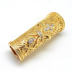 Rack Plating Brass Micro Pave Cubic Zirconia Beads, Curved Tube Noodle Beads, Long-Lasting Plated, Curved Tube Beads, Large Hole Beads, Golden, 28.5x8.5~10mm, Hole: 6.5mm(ZIRC-S052-001G)