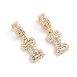 Brass Micro Pave Cubic Zirconia Pendants, Long-Lasting Plated, Letter, Clear, Letter.I, 33mm, Hole: 6.5x9mm, Letter.I: 19.5x11x3.5mm(ZIRC-G165-13G-I)
