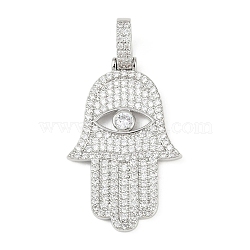 Brass Micro Pave Cubic Zirconia Pendants, Hamsa Hand with Evil Eye, Lead Free & Cadmium Free, Long-Lasting Plated, Rack Plating, Platinum, 50mm, Hole: 8x6mm(KK-R224-09P)