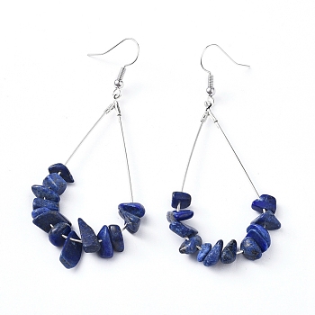 Dangle Earrings, with Natural Lapis Lazuli Chips, Platinum Plated Brass Earring Hooks and teardrop, Pendants, 71~75mm, Pendant: 53.5~59mm, Pin: 0.5mm