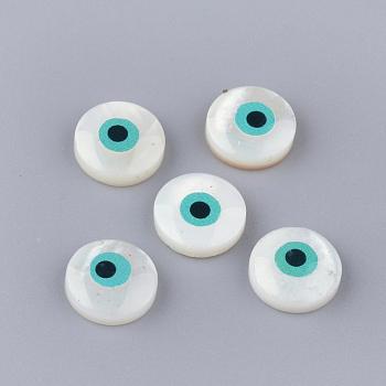 Freshwater Shell Cabochons, Flat Round with Evil Eye, Creamy White, 10x3mm
