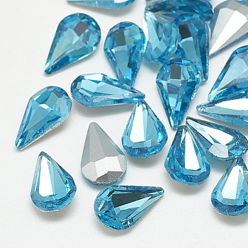 Pointed Back Glass Rhinestone Cabochons, Back Plated, Faceted, teardrop, Aquamarine, 8x5x3mm