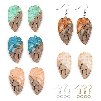 DIY Dangle Earring Making Kits, Including Resin & Walnut Wood Pendants, Brass Earring Hooks, Brass Jump Rings, Leaf, Mixed Color, Pendants: 38x20x3mm, Hole: 2mm, 5 colors, 2pcs/color, 10pcs/box
