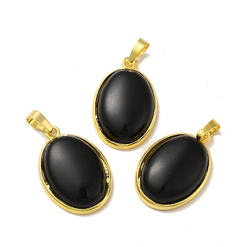 Natural Obsidian Pendants, Oval Charms, with Rack Plating Golden Plated Brass Findings, Lead Free & Cadmium Free, 31x20x7.5~8mm, Hole: 7x5mm