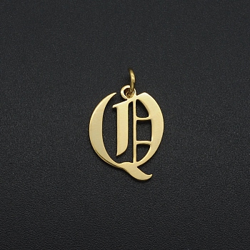 201 Stainless Steel Pendants, with Jump Ring, Old English, Letter, Laser Cut, Golden, Letter.Q, 16x12x1mm, Hole: 3mm