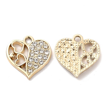 UV Plating Alloy Pendants, with Crystal Rhinestone, Heart Charms, Golden, 18.5x18x2.5mm, Hole: 2mm