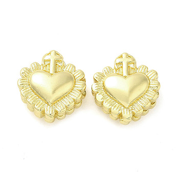 Rack Plating Brass Beads, Long-Lasting Plated, Cadmium Free & Lead Free, Heart with Cross, Real 18K Gold Plated, 12.5x12x6mm, Hole: 1.6mm