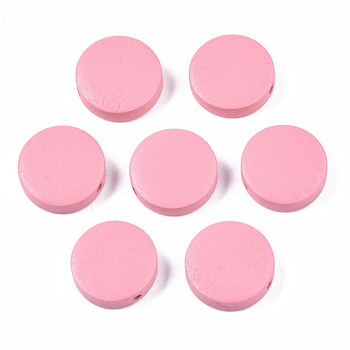 Painted Natural Poplar Wood Beads, Flat Round, Pink, 20x5mm, Hole: 1.4mm