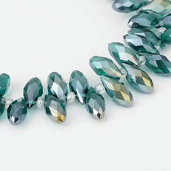 Electroplate Glass Beads Strands, Top Drilled Beads, Faceted Teardrop, AB Color Plated, Teal, 12~13x6mm, Hole: 1mm, about 95~99pcs/strand, 15.7~18 inch
