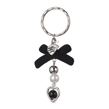 Bowknot Flocky Acrylic Keychains, with Alloy Heart and Iron Split Ring, Platinum, 8cm
