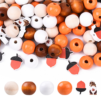 Thanksgiving Day 100Pcs 6 Styles Printed Wood Beads, Mixed Shapes, 16~20x10~16x6~16mm, Hole: 2~4mm