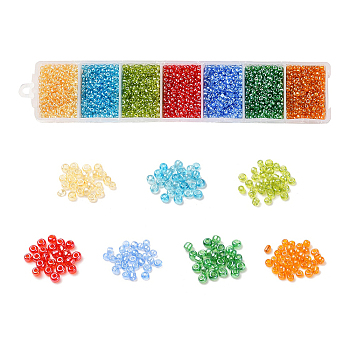 3500Pcs 7 Colors 12/0 Glass Round Seed Beads, Transparent Colours Luster Round Hole Beads, Small Craft Beads, for DIY Jewelry Making, Mixed Color, 2mm, about 500pcs/color