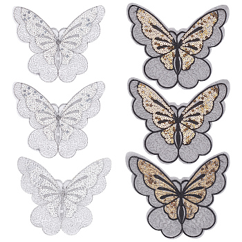 12Pcs 2 Style Butterfly Gauze Embroidery Ornaments Accessories, Lace Sequins Clothing Sew on Patches, Suitable for Wedding Dress, Performance Clothes, Mixed Color, 142~158x161~190x0.5mm, 6pcs/style