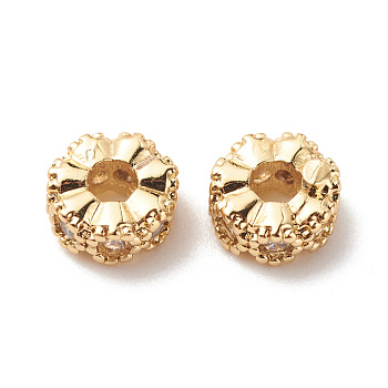 Brass Clear Cubic Zirconia Spacer Beads, Cadmium Free & Lead Free, Flower, Golden, 6x3mm, Hole: 2mm