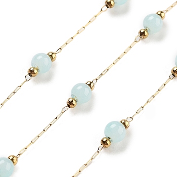 Handmade Round Dyed Natural Malaysia Jade Beaded Chains, with Ion Plating(IP) 304 Stainless Steel Paperclip Chains, Unwelded, Real 18K Gold Plated, Light Cyan, 2.2x1x0.5mm