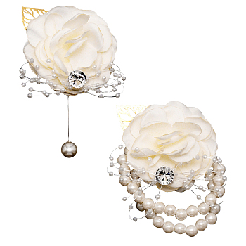 Silk Cloth Imitation Flower Wrist, with Imitation Pearl Stretch Bracelets, for Wedding, Party Decorations, Floral White, 75~110x65~75x31~34mm
