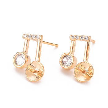 Brass Micro Pave Clear Cubic Zirconia Earring Findings, for Half Drilled Beads, Nickel Free, Musical Note, Real 18K Gold Plated, 13.5x11mm, Pin: 0.8mm, Pin: 0.8mm(for Half Drilled Beads)