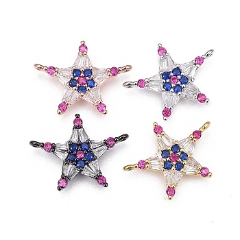 Brass Micro Pave Cubic Zirconia Links, Star, Colorful, Mixed Color, 16x21x2.5mm, Hole: 0.8mm