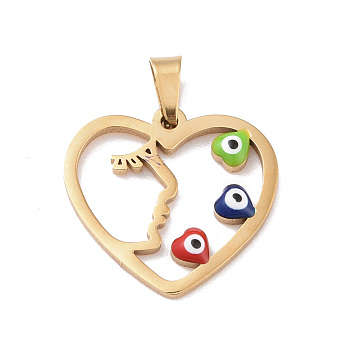 Vacuum Plating 304 Stainless Steel Enamel Pendants, Golden, Hollow, Heart with Evil Eye, Colorful, 19x20x2mm, Hole: 5x3mm