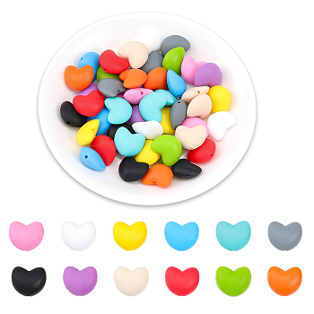 48Pcs 12 Colors Food Grade Eco-Friendly Silicone Beads, Chewing Beads For Teethers, DIY Nursing Necklaces Making, Heart, Mixed Color, 16x19x10mm, Hole: 2mm, 4pcs/color