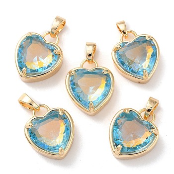 K9 Glass Pendants, with Golden Tone Brass Findings, Faceted, Heart Charms, Aquamarine, 18x15x7.7mm, Hole: 5x3mm