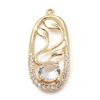 Brass with K9 Glass & Rhinestone Pendants, Light Gold, Oval with Leaf Charms, Crystal, 34x15x5.3mm, Hole: 1.5mm