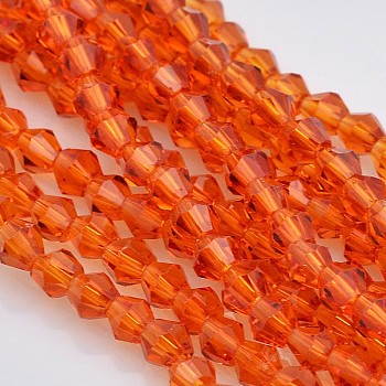 Faceted Bicone Glass Beads Strands, Orange Red, 4x4mm, Hole: 1mm, about 92~96pcs/strand, 13.78~14.37 inch
