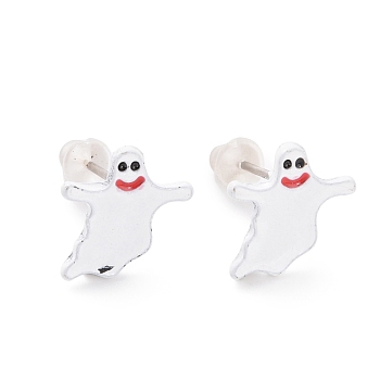 Alloy Ghost Stud Earrings with Steel Pin, Halloween Jewelry for Women, White, 9.5x10mm, Pin: 0.7mm