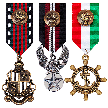 AHADERMAKER 3Pcs 3 Style Helm & Eagle & Shield Retro British Preppy Style Alloy & Iron Pendant Lapel Pins, Polyester Brooch Medal for Men, Mixed Color, 83~94.5mm, 1Pc/style