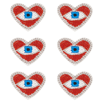 Heart with Evil Eye Embroidered Appliques, Cloth & Seed Bead & Rhinestone Handicraft Appliques, Costume Hat Bag Ornament Accessories, Red, 50x64x3.5mm