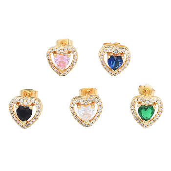 Cubic Zirconia Heart Stud Earrings, Golden Brass Jewelry for Women, Nickel Free, Mixed Color, 10x10.5mm, Pin: 0.7mm