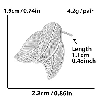 Fashionable Leaf Stud Earrings, 304 with Stainless Steel Design Sense and Exaggerated Style, Platinum, 19x22mm