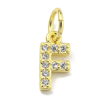 Letter Brass Micro Pave Clear Cubic Zirconia Pendants, Jump Ring, Real 18K Gold Plated, Letter F, 9x4.5x1.8mm, Jump Ring: 5x0.9mm, Hole: 3.5mm