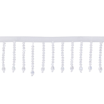 1Pc Glass Beaded Tassel Ribbon, Beaded Trimming, with Cardboard Display Card, White, 55mm, 2 Yard/pc
