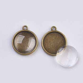 DIY Pendant Making, with Alloy Pendant Cabochon Settings and Clear Glass Cabochons, Flat Round, Antique Bronze, Pendant Cabochon Setting: 22x19x3mm, Hole: 2mm, Glass Cabochon: 15.5~16x4~5mm
