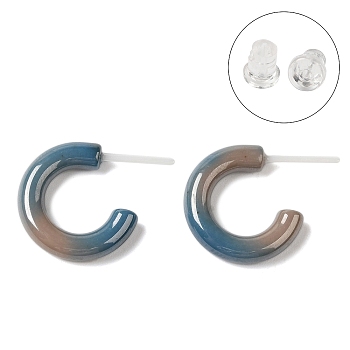 Hypoallergenic Bioceramics Zirconia Ceramic Stud Earrings, No Fading and Nickel Free, C-Shaped, Steel Blue, 15x3.5mm