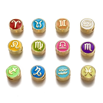 12Pcs Brass Beads, with Enamel, Flat Round with Constellation, Real 18K Gold Plated, 12 Chinese Zodiac Signs, 10x5mm, Hole: 4.5x2.5mm, 1pcs/style