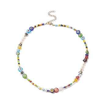 Natural Pearl & Millefiori & Seed Glass Beaded Necklace for Women, Colorful, 16.26 inch(41.3cm)