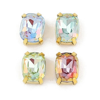 Brass Glass Rhinestone Sew on Rhinestones, Rectangle, Faceted, Mixed Color, Golden, 11x8x6mm, Hole: 0.8mm