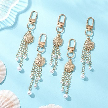 Plastic & Alloy Shell Shape Pendant Decorations, with Alloy Swivel Clasps and 304 Stainless Steel Cable Chains Tassel, Golden, 104mm